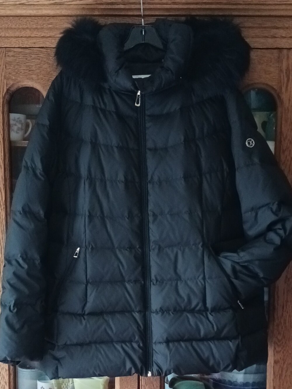 Calvin Klein~ Black Quilted Puffer Jacket with Faux Fur Hood- Down Filled